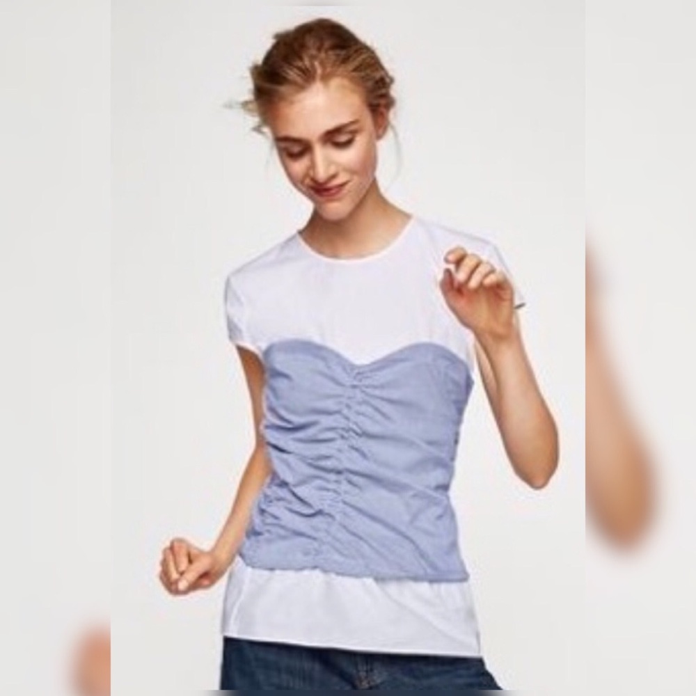 Zara NEW Asymmetrical Ruched Pinstripe Contrast Crew Neck Blouse Sweetheart Top
